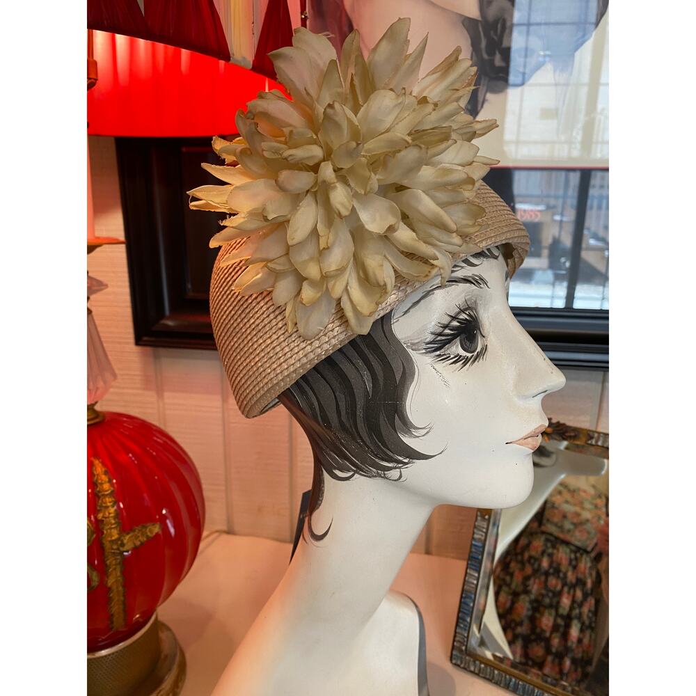 vintage 1960s cloche style hat with mum mr john huge flower beige straw 60s mod